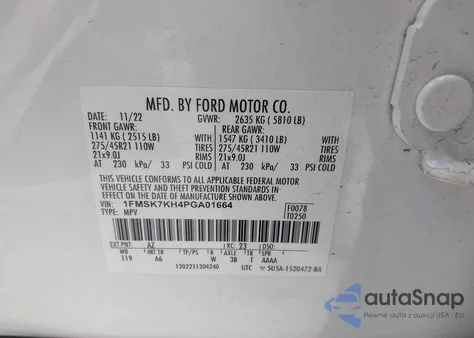 2023 Ford Explorer St-Line z USA, uszkodzony, nr VIN 1FMSK7KH4PGA01664